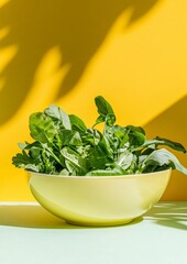 Wall Mural - Fresh Green Vegetables in a Yellow Bowl with Vibrant Shadows