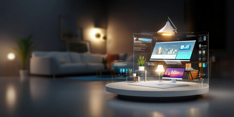 Poster - Futuristic smart home with holographic displays and modern furniture