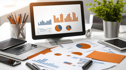 Poster - Modern workspace with charts, graphs, and laptop on desk