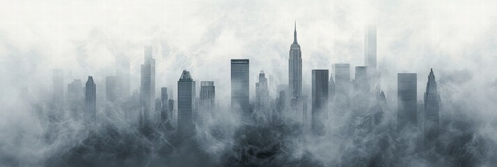 Poster - Dense smog covers a sprawling city skyline, obscuring buildings and changing the landscape dramatically. Generative AI