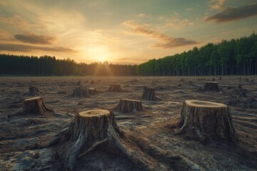 Aufkleber - Deforested area with tree stumps under a sunset sky in an untouched landscape. Generative AI