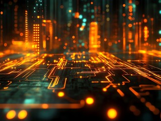 Leinwandbilder - A futuristic digital landscape with glowing circuitry and vibrant lights.