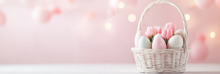 Poster - Elegant Easter Basket with Pastel Eggs and Tulips on Soft Pink Background