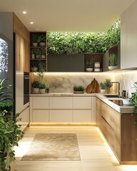 Stylish kitchen with green accents, integrated plants along walls and countertops, minimalistic decor, warm natural textures, open and spacious layout