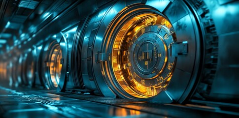 Aufkleber - Futuristic corridor with illuminated circular doors, suggesting advanced technology and exploration.