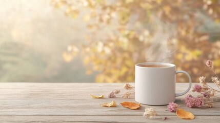 Poster - Serene Autumn Morning with a Steaming Cup of Tea on a Rustic Table