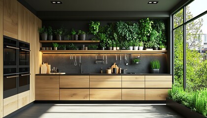 Wall Mural - Contemporary greenthemed kitchen with minimalist cabinetry, lush plants seamlessly blended, light wood accents, modern yet cozy ambiance