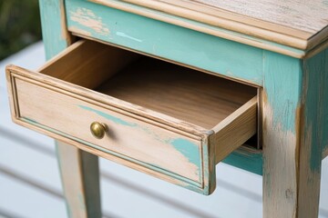 Renewing old fashioned wood furniture with brand new colorful chalk paint. Restyling home decoration