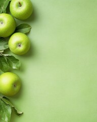 Poster - Fresh Green Apples on Minimalist Green Background with Leaves