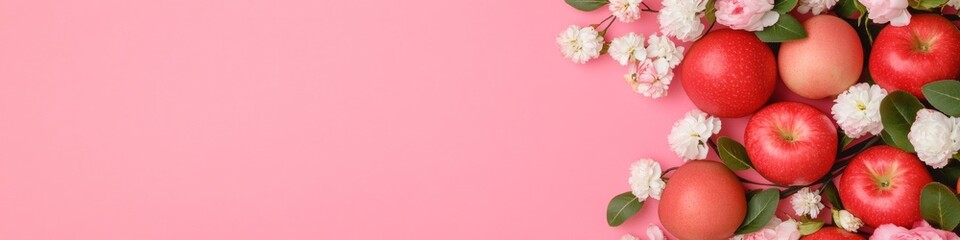 Poster - Floral and Fruit Harmony Spring Aesthetic on Pastel Pink Background
