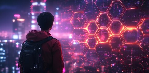 Poster - A person gazes at a futuristic digital interface in a vibrant cityscape at night.