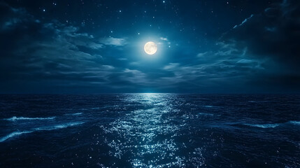 Poster - Moonlit ocean scene with shimmering waves under a starry night sky