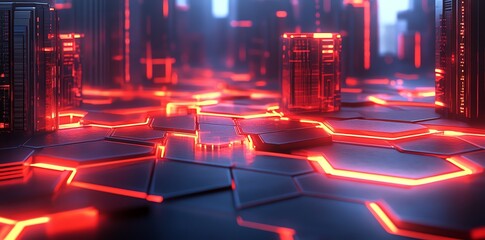 Poster - A futuristic cityscape with glowing red hexagonal patterns and towering structures.