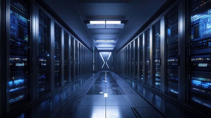 Poster - Futuristic Data Center with Bright Security Lights