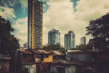 Aufkleber - Luxury skyscraper juxtaposed with rundown shacks in urban landscape showcasing stark socioeconomic contrast. Generative AI