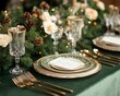 © Thanaseth - Festive green table setting for a luxurious Christmas and New Year dinner, with gold flatware, crystal glassware, and seasonal floral arrangements