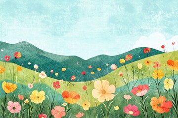 Aufkleber - Colorful naive art depiction of a vibrant flower field under a clear sky with open space for creative text placement. Generative AI