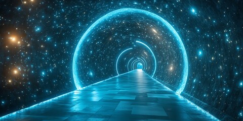 Aufkleber - A futuristic tunnel illuminated with glowing blue lights and starry visuals.