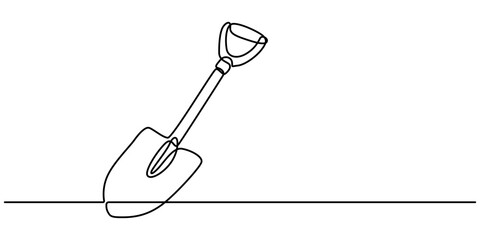 Continuous line drawing of shovel. Shovel linear icon. One line drawing background. Vector illustration. Shovel continuous line icon, Continuous single line sketch drawing of shovel use in agriculture