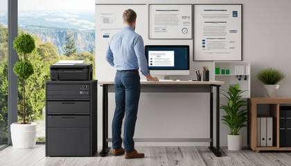 Poster - Stylish home office with standing desk and motivational decor