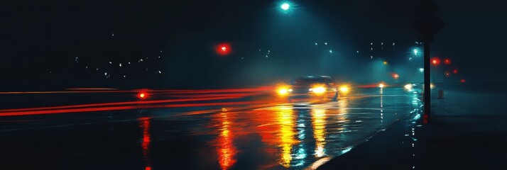 Poster - Vibrant car lights streak across a wet road at night with reflections under city street lights. Generative AI