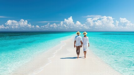 Wall Mural - Romantic couple walking on a serene beach pathway