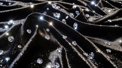 Aufkleber - Sparkling diamonds scattered on a luxurious black fabric with ample space for custom text and design elements. Generative AI