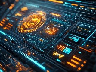 Poster - Futuristic digital interface with glowing elements and data displays.