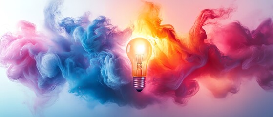Poster - Vibrant paint explosion emanating from a glowing lightbulb, creative and energetic abstract art, white background, generative AI concept
