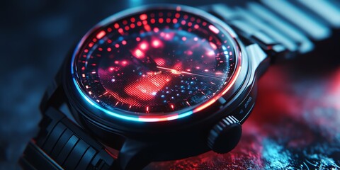 Aufkleber - A futuristic watch with a vibrant, illuminated display showcasing intricate designs.
