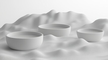 Wall Mural - Three smooth white bowls are arranged on a textured white surface resembling soft hills, creating a minimalist and serene aesthetic.