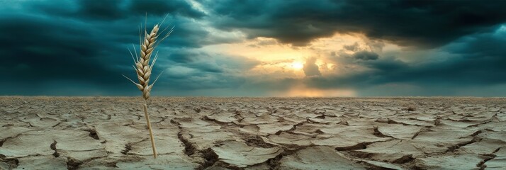 Poster - Dry barren field highlights a single stalk of withered wheat under dark stormy skies at sunset. Generative AI