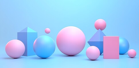 Poster - A collection of colorful 3D geometric shapes in pastel hues on a gradient background.