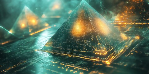 Poster - Futuristic pyramids glowing with digital patterns in a misty environment.