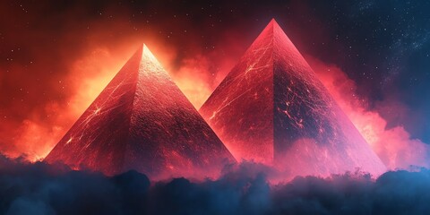 Poster - Two glowing pyramids amidst fiery clouds and cosmic background.