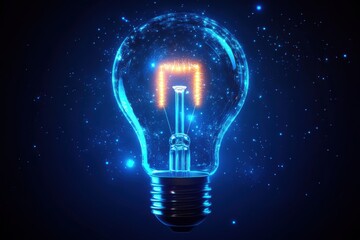 Poster - Glowing Light Bulb with Electric Coil Illuminated in Dark Space Surrounded by Stars and Cosmic Particles, Symbolizing Innovation and Creativity in Technology