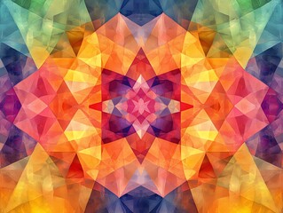 Poster - A vibrant, symmetrical kaleidoscopic pattern featuring a blend of warm and cool colors.