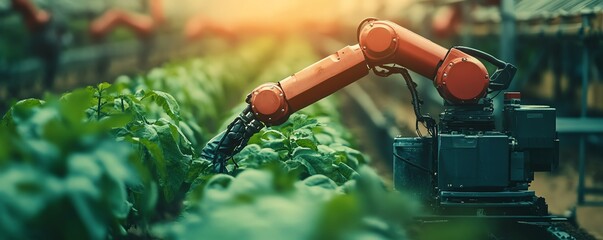 Poster - Advanced robot farmers with cuttingedge automation systems in a lush agricultural landscape, transforming farming with innovative technology and ecofriendly practices