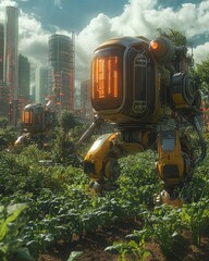 Aufkleber - Automated robot farmers utilizing AIdriven technology to plant, harvest, and manage crops in a vibrant, technologically advanced farm