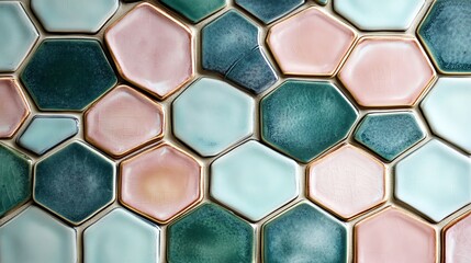 Poster - A close-up of hexagonal ceramic tiles in soft colors, showcasing a decorative design.