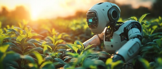 Poster - Futuristic farm with robot farmers utilizing drones, sensors, and autonomous machines for efficient crop management and sustainable agriculture