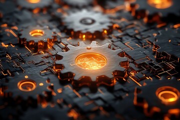 Aufkleber - A close-up of interlocking gears with glowing elements, symbolizing technology and industry.