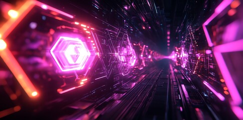 Poster - A futuristic tunnel with glowing hexagonal patterns in vibrant pink and purple hues.