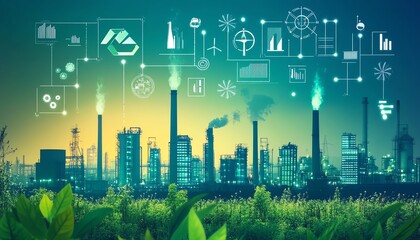 Aufkleber - sustainable business practices in esg, showcasing ecofriendly factories, renewable energy, and corpo