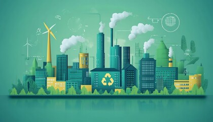 Aufkleber - Sustainable business practices in ESG, showcasing ecofriendly factories, renewable energy, and corporate social responsibility in an industrial setting
