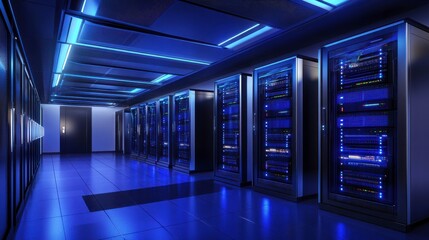 Poster - Blue Lighting in Cooling Room with Tech Systems