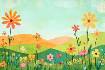 Aufkleber - Bright and colorful naive art landscape with flowers and hills creating a cheerful atmosphere suitable for text placement. Generative AI