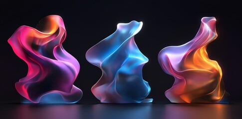 Poster - Abstract colorful sculptures with flowing shapes and luminous effects on a dark background.