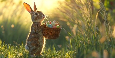 Sticker - A cute bunny standing in tall grass, holding an Easter basket, easter background