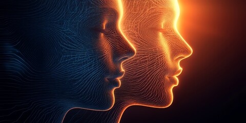 Poster - Two stylized profiles illuminated by contrasting colors, suggesting duality and connection.